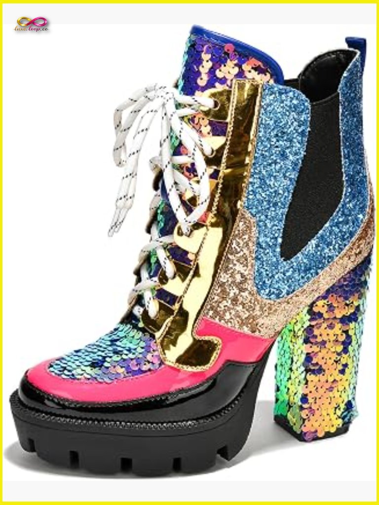 Sequined Platform Chelsea Boots Chunky Block Heel Glitter Ankle Booties Zip Up